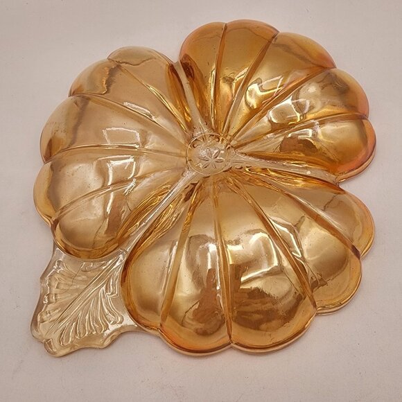 Doric Jeannette Glass Iridescent Amber Clover Leaf Candy Relish Dish Vintage - Picture 2 of 5